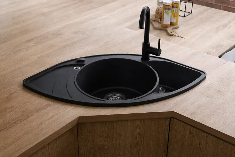 Evier granit 2 bacs - granit NOIR - Papillon 945x505