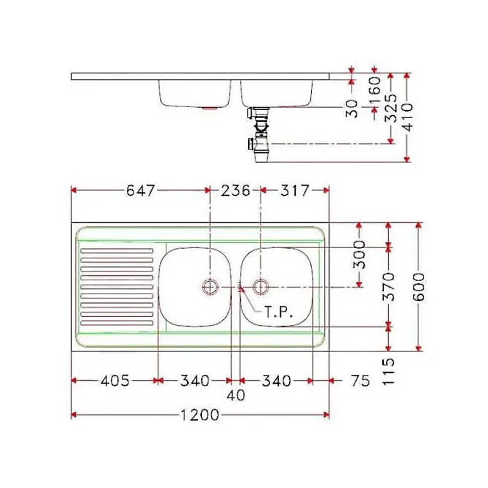 Evier inox à poser 2 bacs 1 égouttoir - Man - 120 x 60 - MAN721-1200 NF- Livré avec siphon
