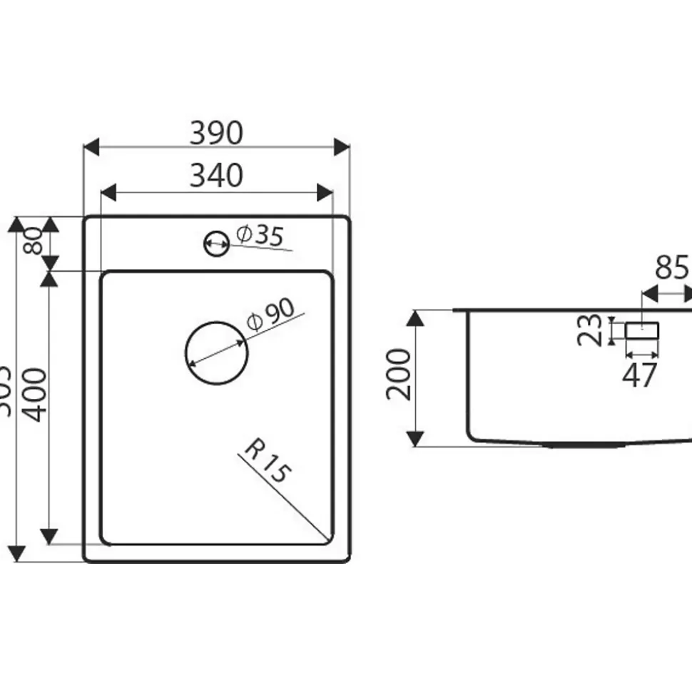 Evier inox Luisina JAVA 1 bac 390x505