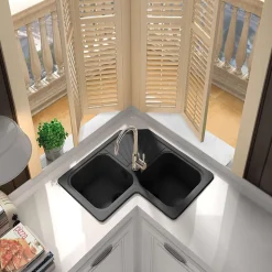 Evier pour meuble d'angle à encastrer Poalgi Agata Noir - 2 bacs avec égouttoir