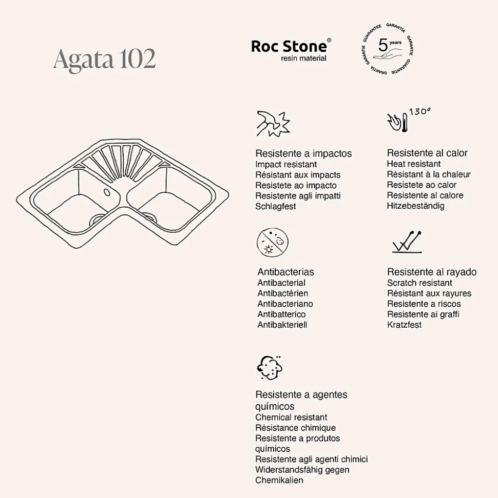 Evier pour meuble d'angle à encastrer Poalgi Agata Gris Concret - 2 bacs avec égouttoir