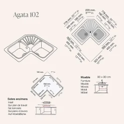 Evier pour meuble d'angle à encastrer Poalgi Agata Gris Concret - 2 bacs avec égouttoir