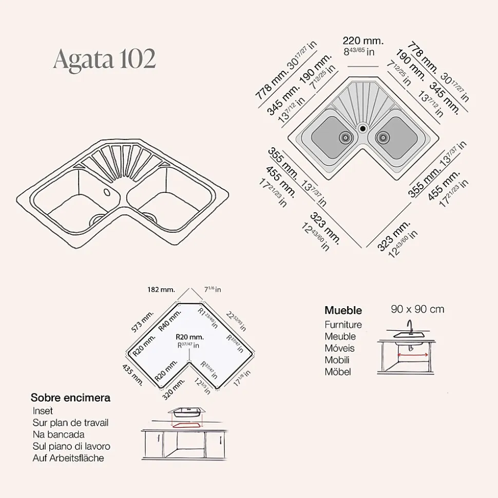 Evier pour meuble d'angle à encastrer Poalgi Agata Gris Concret - 2 bacs avec égouttoir
