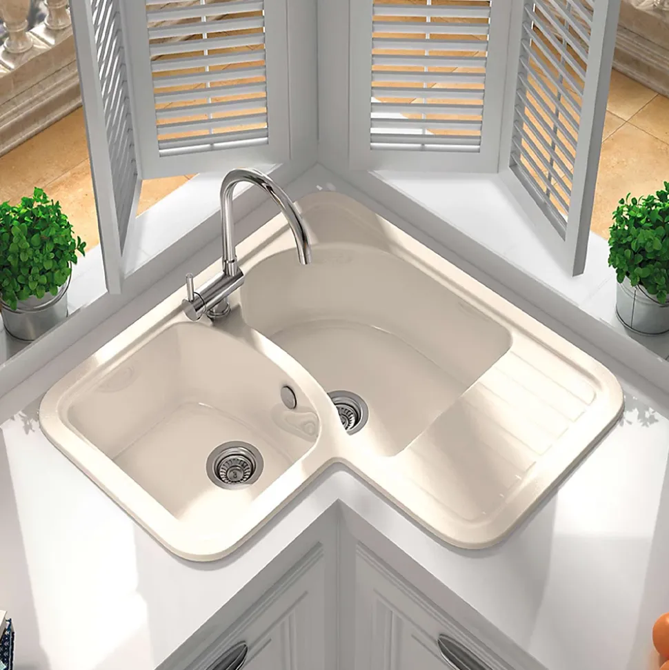 Evier pour meuble d'angle à encastrer Poalgi Jade Pergamon - 2 bacs avec égouttoir