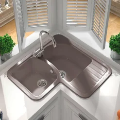 Evier pour meuble d'angle à encastrer Poalgi Jade Tundra - 2 bacs avec égouttoir