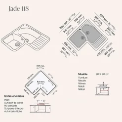 Evier pour meuble d'angle à encastrer Poalgi Jade Tundra - 2 bacs avec égouttoir