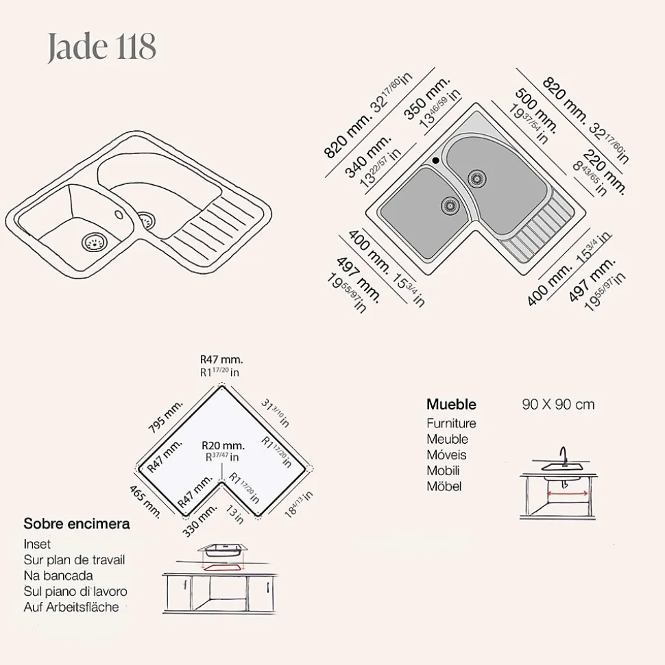 Evier pour meuble d'angle à encastrer Poalgi Jade Noir - 2 bacs avec égouttoir