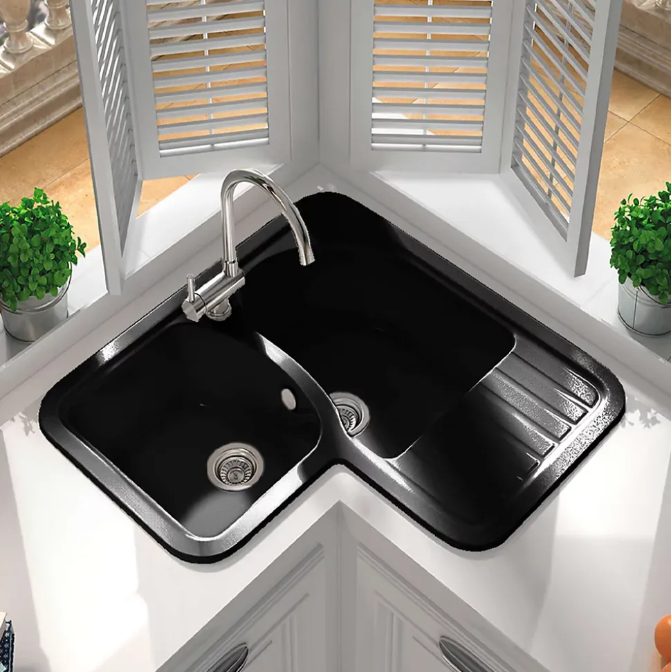 Evier pour meuble d'angle à encastrer Poalgi Jade Noir - 2 bacs avec égouttoir