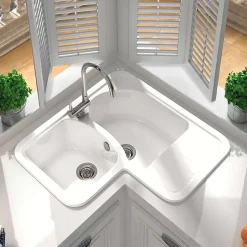 Evier pour meuble d'angle à encastrer Poalgi Jade Blanc - 2 bacs avec égouttoir