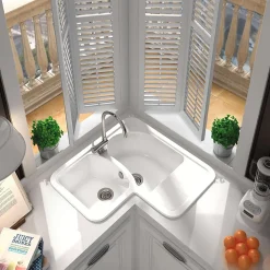 Evier pour meuble d'angle à encastrer Poalgi Jade Blanc - 2 bacs avec égouttoir