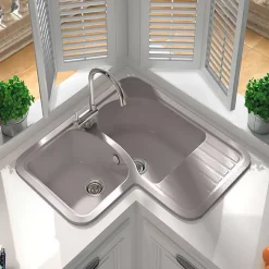 Evier pour meuble d'angle à encastrer Poalgi Jade Gris Concret - 2 bacs avec égouttoir