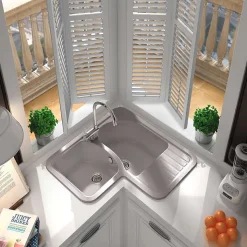 Evier pour meuble d'angle à encastrer Poalgi Jade Gris Concret - 2 bacs avec égouttoir