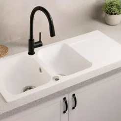 Evier réversible 2 cuves 1 égouttoir en résine blanc Essebagno Lisse