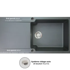 Evier réversible 1 grande cuve 1 égouttoir en résine gris Essebagno Lisse