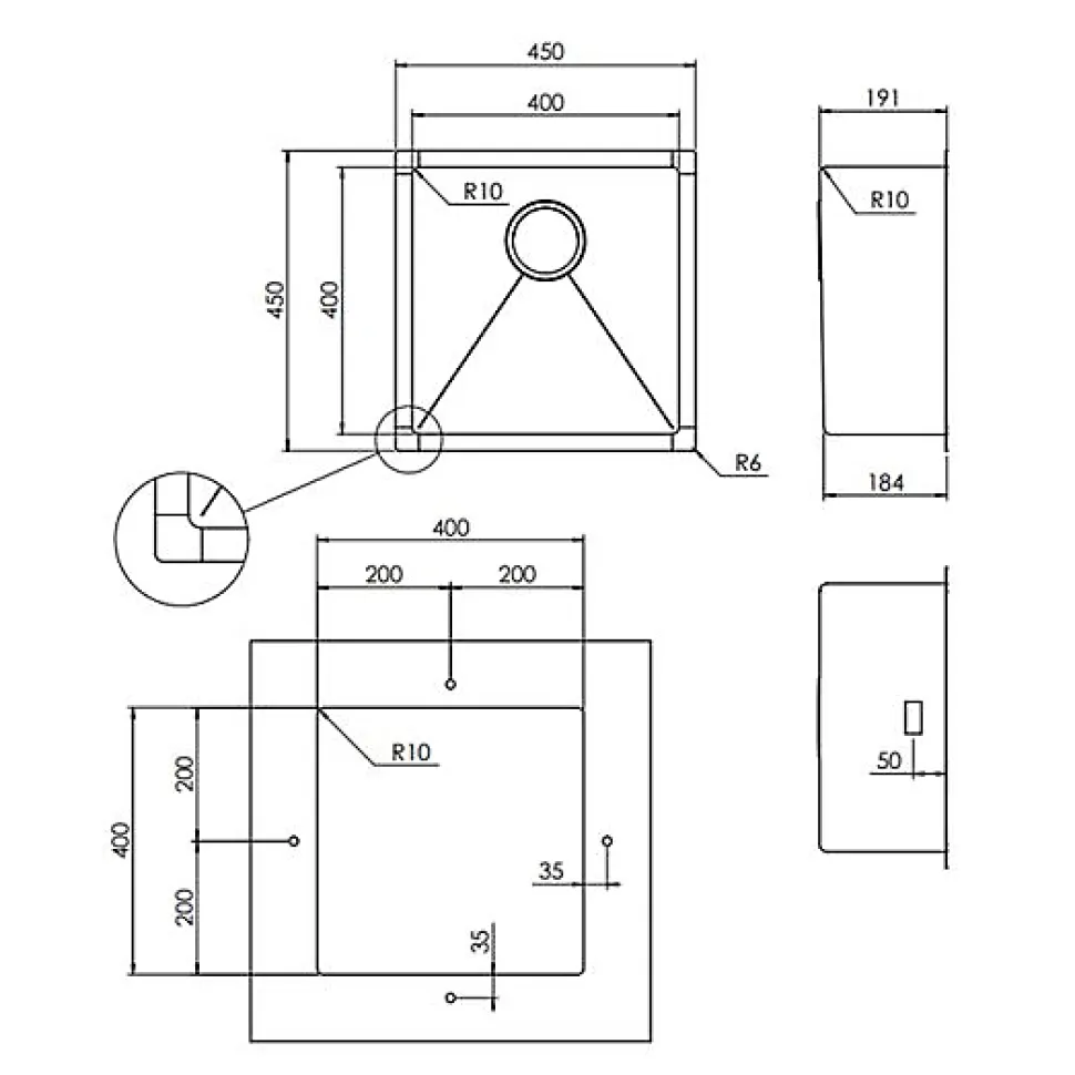 Evier sous plan inox lisse VIBRATO Luisina 1 bac 450x450 mm