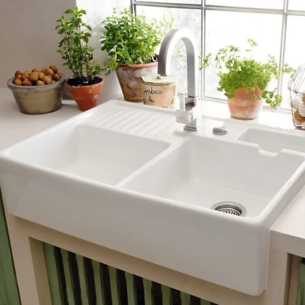 Evier timbre d'office VILLEROY ET BOCH Tradition 2 bacs 89,5 x 63 céramique vidage manuel blanc + Cache bonde acier massif