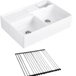 Evier timbre d'office VILLEROY ET BOCH Tradition 2 bacs 89,5 x 63 céramique vidage manuel blanc + Egouttoir déroulable