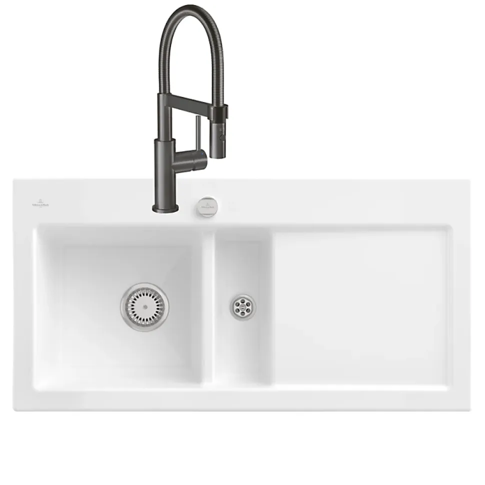 Evier VILLEROY ET BOCH Subway Pure 60 1 bac et demi égouttoir à droite vidage auto + Robinet Steel Expert Compact Anthracite
