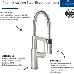 Evier VILLEROY ET BOCH Subway Pure 60 1 bac et demi égouttoir à droite vidage auto + Robinet Steel Expert Compact Anthracite