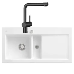 Evier VILLEROY ET BOCH Subway Pure 60 1 bac et demi égouttoir à droite vidage auto + Robinet Steel Shower Anthracite