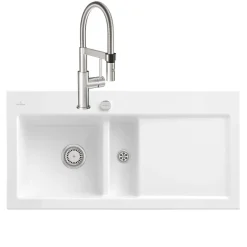 Evier VILLEROY ET BOCH Subway Pure 60 1 bac et demi égouttoir à droite vidage auto + Robinet Steel Expert Compact Acier Massif