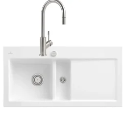 Evier VILLEROY ET BOCH Subway Pure 60 1 bac et demi égouttoir à droite vidage auto + Robinet Umbrella Flex Acier Massif