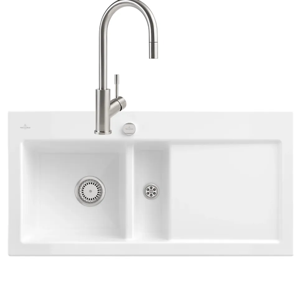 Evier VILLEROY ET BOCH Subway Pure 60 1 bac et demi égouttoir à droite vidage auto + Robinet Umbrella Flex Acier Massif