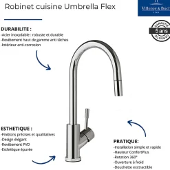 Evier VILLEROY ET BOCH Subway Pure 60 1 bac et demi égouttoir à droite vidage auto + Robinet Umbrella Flex Acier Massif