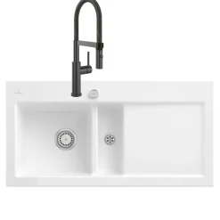 Evier VILLEROY ET BOCH Subway Pure 60 1 bac et demi égouttoir à droite vidage auto + Robinet Steel Expert 2.0 Anthracite