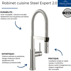 Evier VILLEROY ET BOCH Subway Pure 60 1 bac et demi égouttoir à droite vidage auto + Robinet Steel Expert 2.0 Anthracite