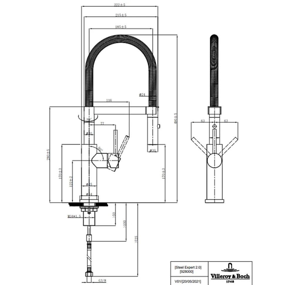 Evier VILLEROY ET BOCH Subway Pure 60 1 bac et demi égouttoir à droite vidage auto + Robinet Steel Expert 2.0 Anthracite