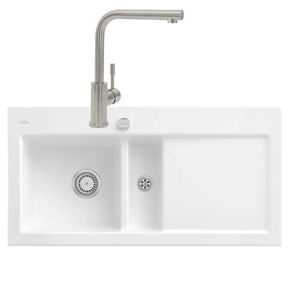 Evier VILLEROY ET BOCH Subway Pure 60 1 bac et demi égouttoir à droite vidage auto + Robinet Modern Steel Acier Massif