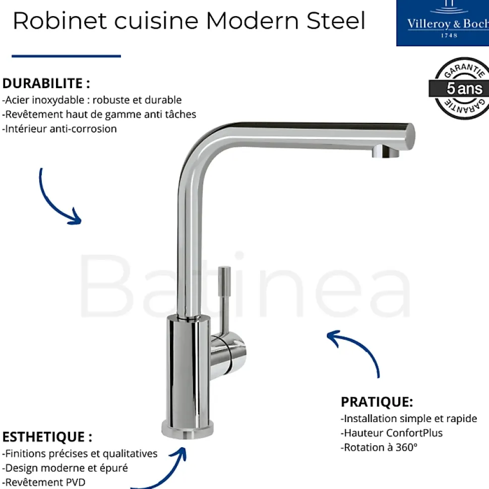 Evier VILLEROY ET BOCH Subway Pure 60 1 bac et demi égouttoir à droite vidage auto + Robinet Modern Steel Acier Massif