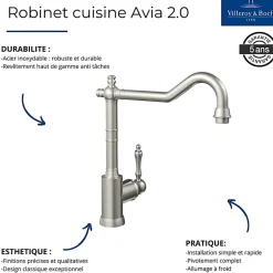Evier VILLEROY ET BOCH Timbre d'office Tradition 2 bacs vidage auto + Robinet de cuisine Avia 2.0 Acier Massif