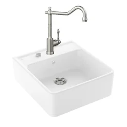 Evier VILLEROY ET BOCH Timbre d'office Tradition 1 bac vidage auto + Robinet de cuisine Avia 2.0 Acier Massif