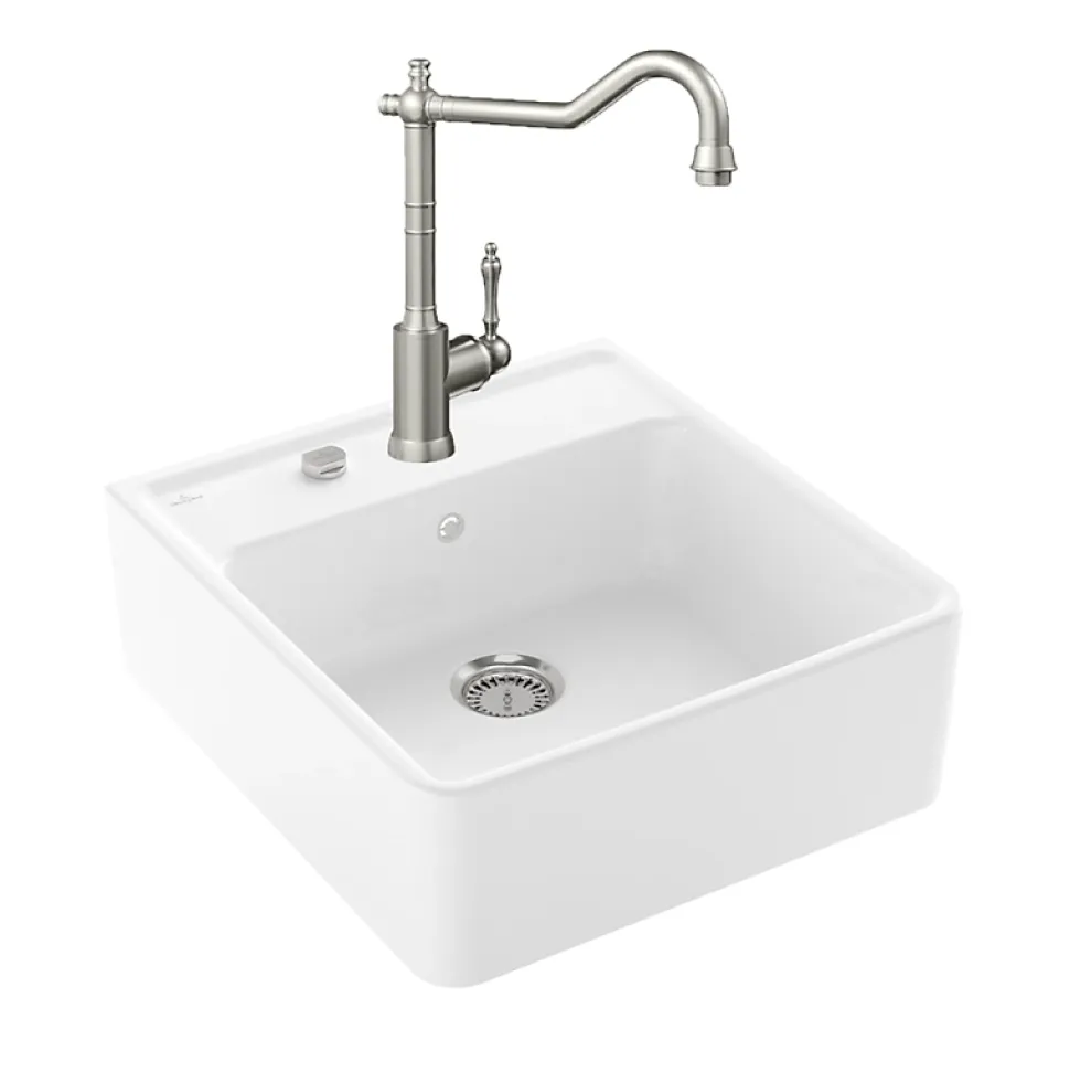 Evier VILLEROY ET BOCH Timbre d'office Tradition 1 bac vidage auto + Robinet de cuisine Avia 2.0 Acier Massif