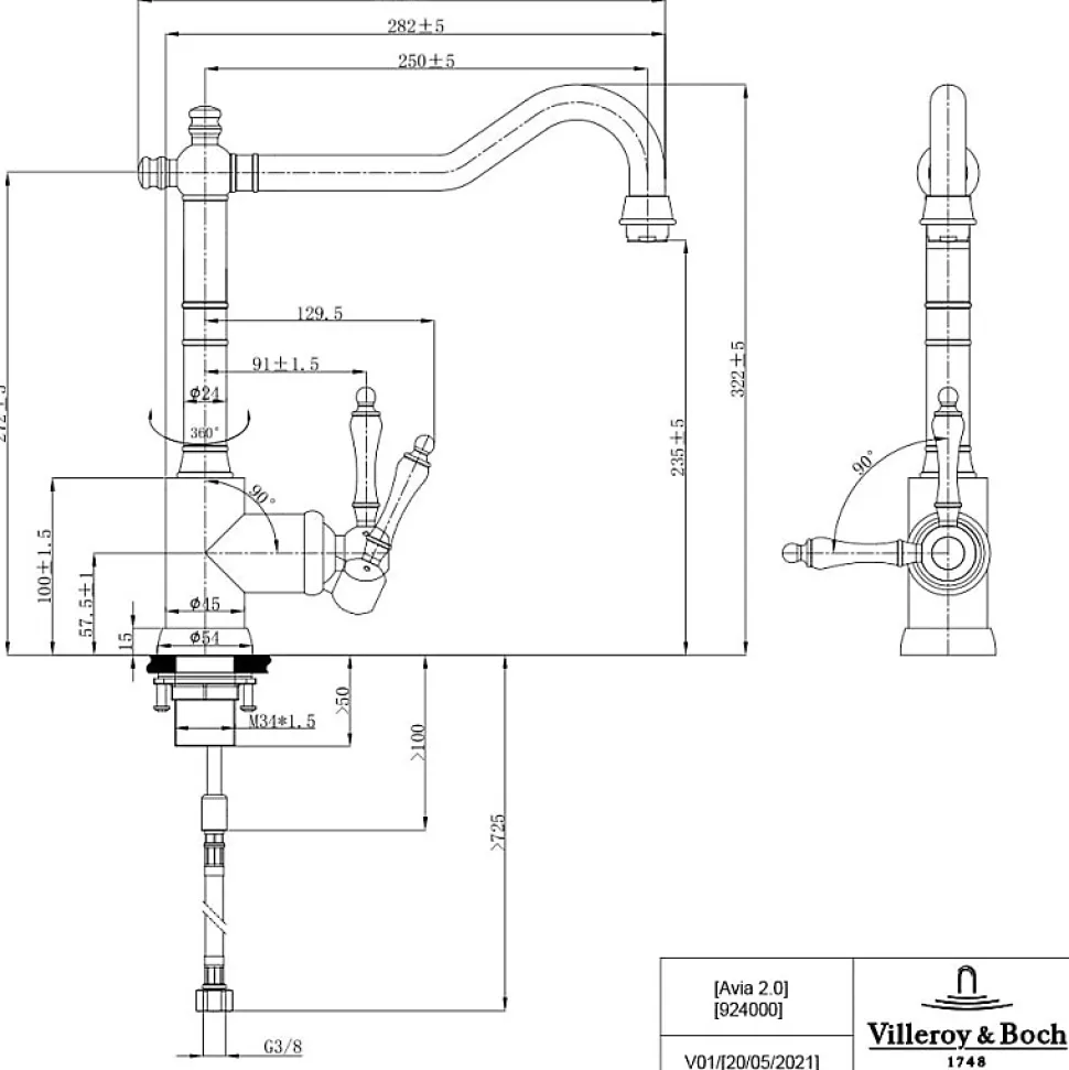 Evier VILLEROY ET BOCH Timbre d'office Tradition 1 bac vidage auto + Robinet de cuisine Avia 2.0 Bronze