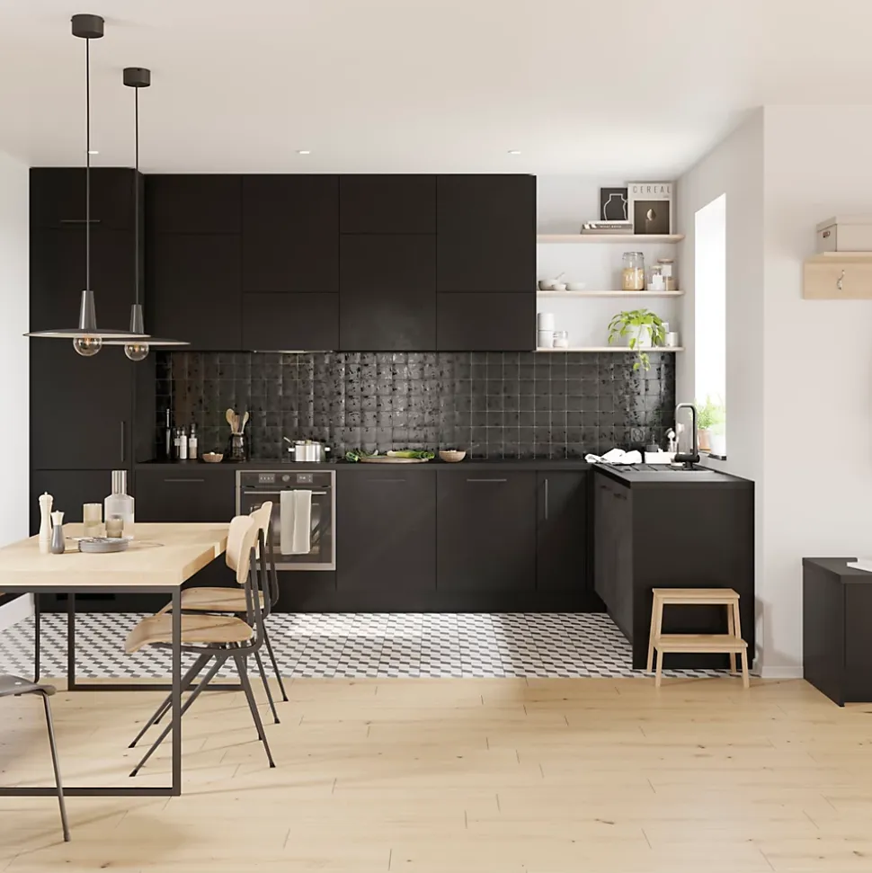 Façade de cuisine 1 tiroir et 2 casseroliers Stevia noir mat l. 60 cm x H. 72 cm GoodHome