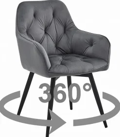 Fauteuil pivotant VALORA LUKK360 en velours gris foncé pour salon, cuisine, salle à manger