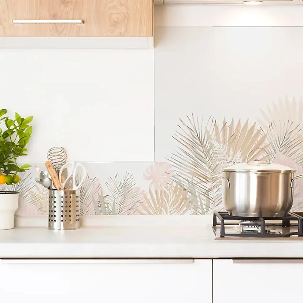 Fond de hotte en aluminium - floral beige et blanc - 70x60 cm