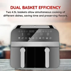 Friteuse à air chaud Airfryer numérique double panier Noire 2400W 9L Comfy Nest CNAFD45NB