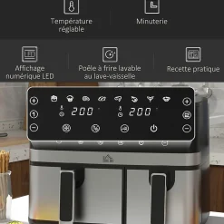 Friteuse à air 2700W - air fryer - double compartiment 8,5L - 8 programmes, température réglable, timer, 2 paniers - noir