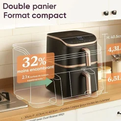 Friteuse Electrique sans huile COSORI - Turbo Tower Pro Smart - Capacité 10,8L - 2 cuves - 7 programmes - 2630W - Noir