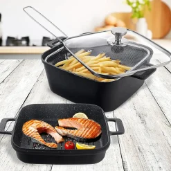 Garnek granitowy ze szklaną pokrywką patelnią grillową koszyczkiem GRANDE 2+4 l 4 el.