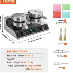 Gaufrier commercial 2460W, appareil gaufre ronde double tête, inox, contrôle temperature temps.