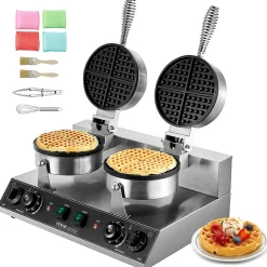 Gaufrier commercial 2460W, appareil gaufre ronde double tête, inox, contrôle temperature temps.