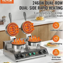 Gaufrier commercial 2460W, appareil gaufre ronde double tête, inox, contrôle temperature temps.