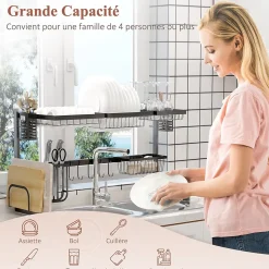 Égouttoir à vaiselle - organiseur d'évier - 8 espaces de séchage - pieds ventouses - acier inox. noir