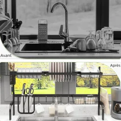 Égouttoir à vaiselle réglable - organiseur d'évier - 8 espaces de séchage - pieds ventouses - acier époxy noir