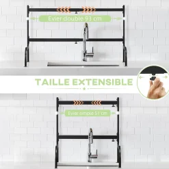 Égouttoir à vaiselle réglable - organiseur d'évier - 8 espaces de séchage - pieds ventouses - acier époxy noir